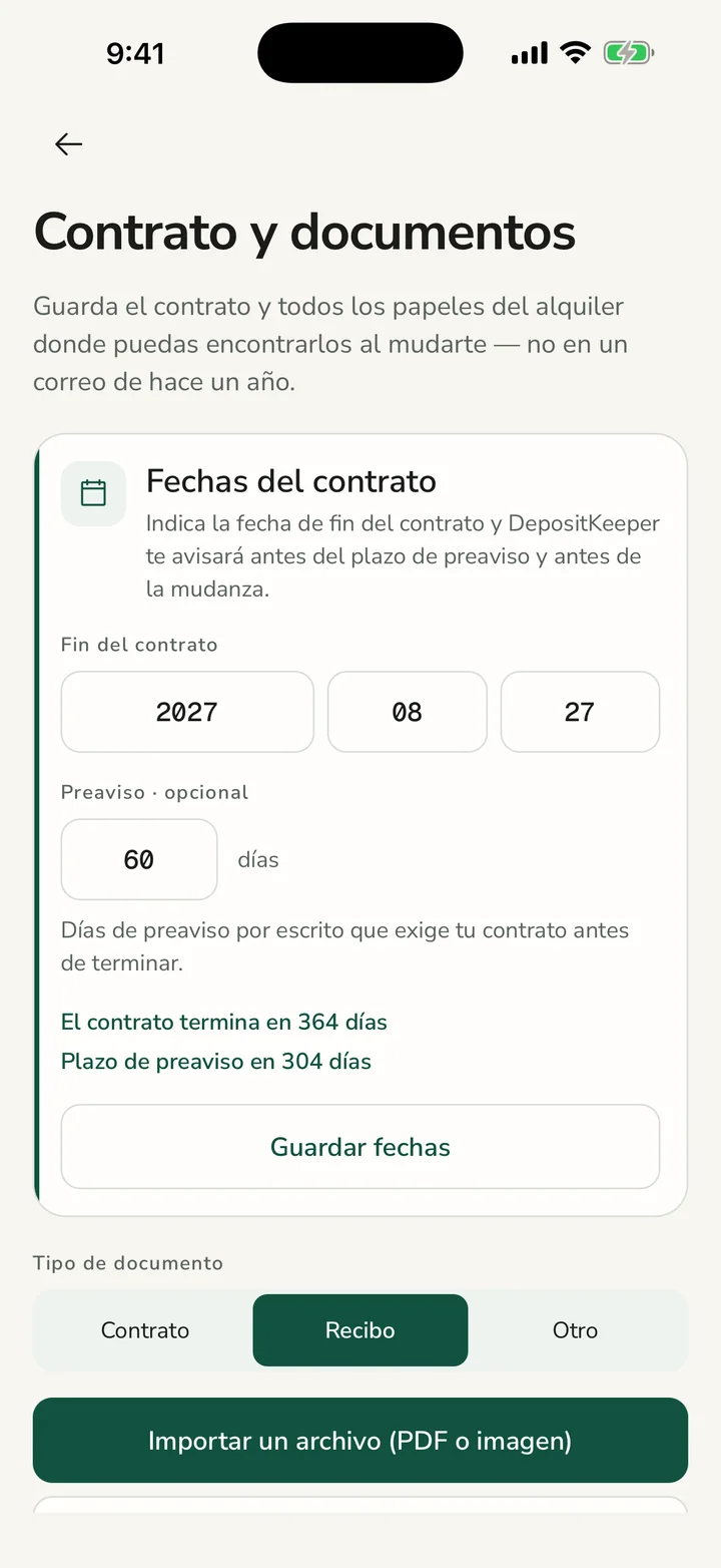 Contrato, recibos y fechas importantes en un solo lugar